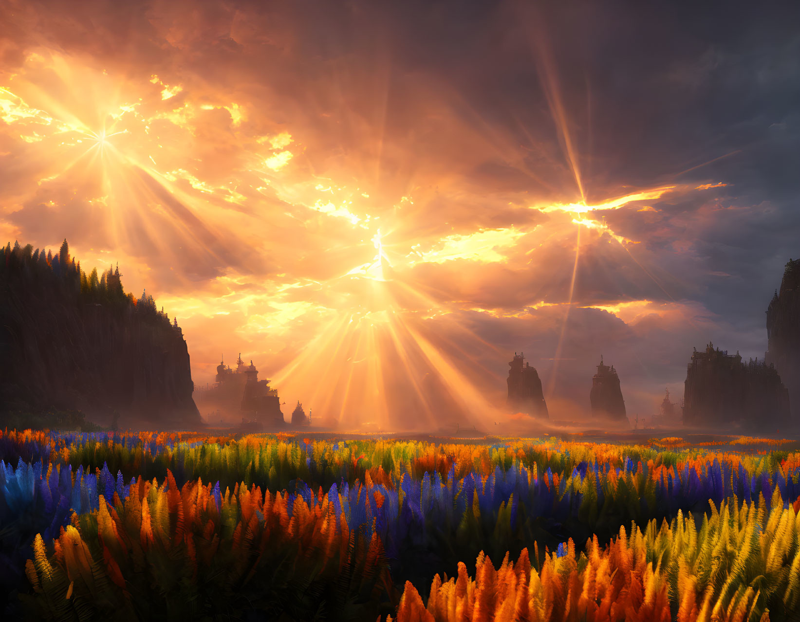 Vivid landscape with blooming flower field under dramatic sky