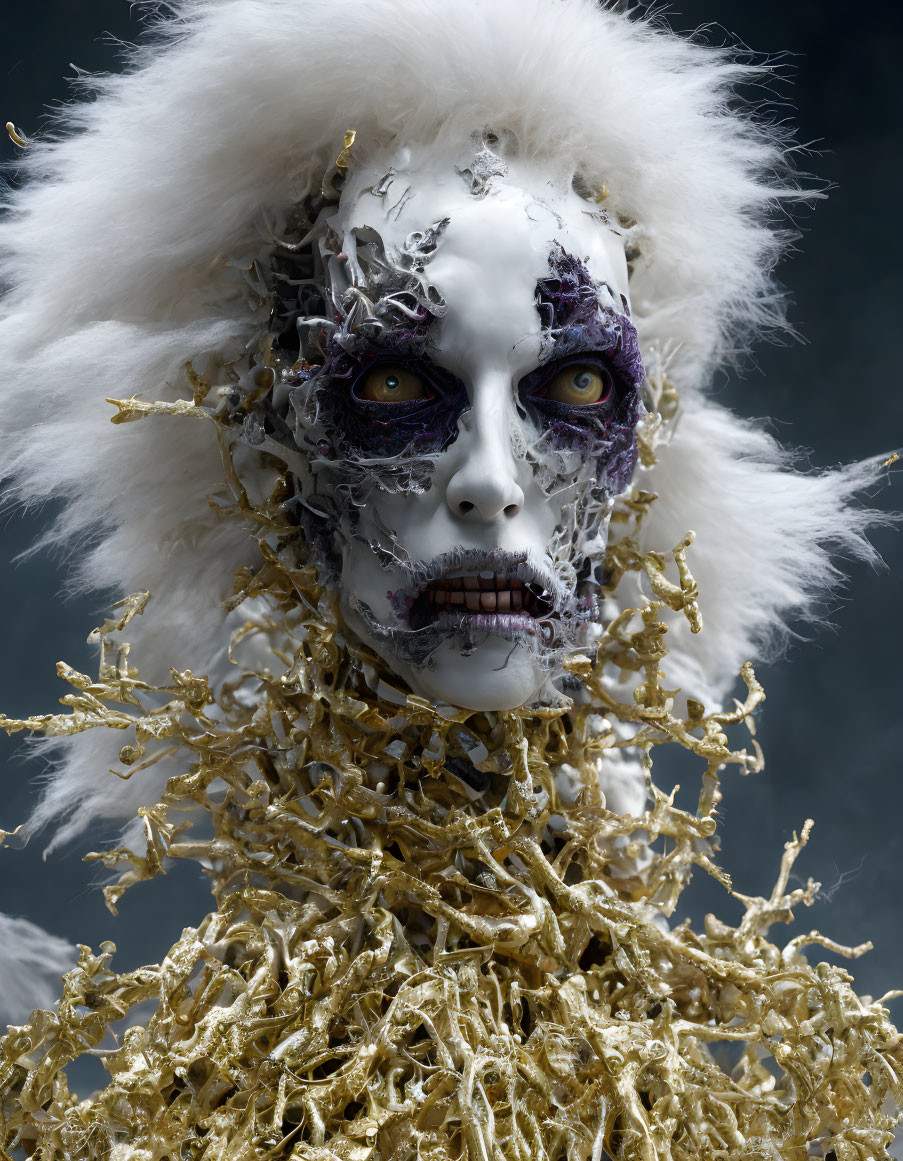 Extravagant makeup and attire resembling fantasy creature with white headdress, cracked silver texture,