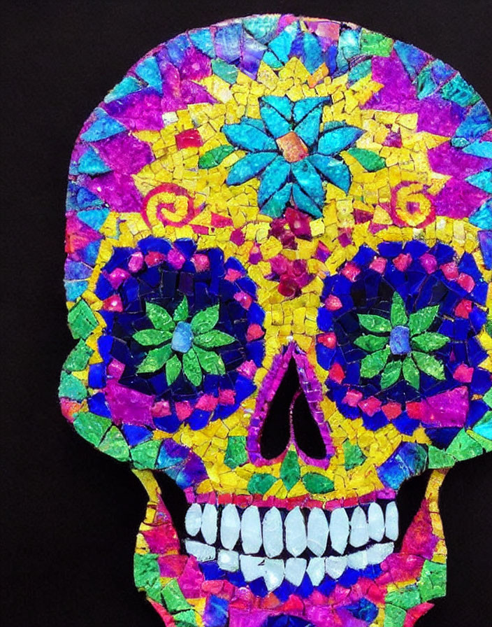 Vibrant Day of the Dead skull mosaic in purple, blue, and green on black background