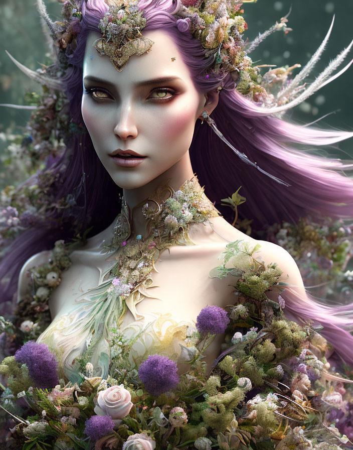 Purple-skinned female figure with floral crown in mystical greenery