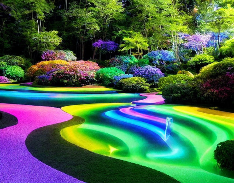 Nighttime Garden Path Illuminated by Multicolored Lights