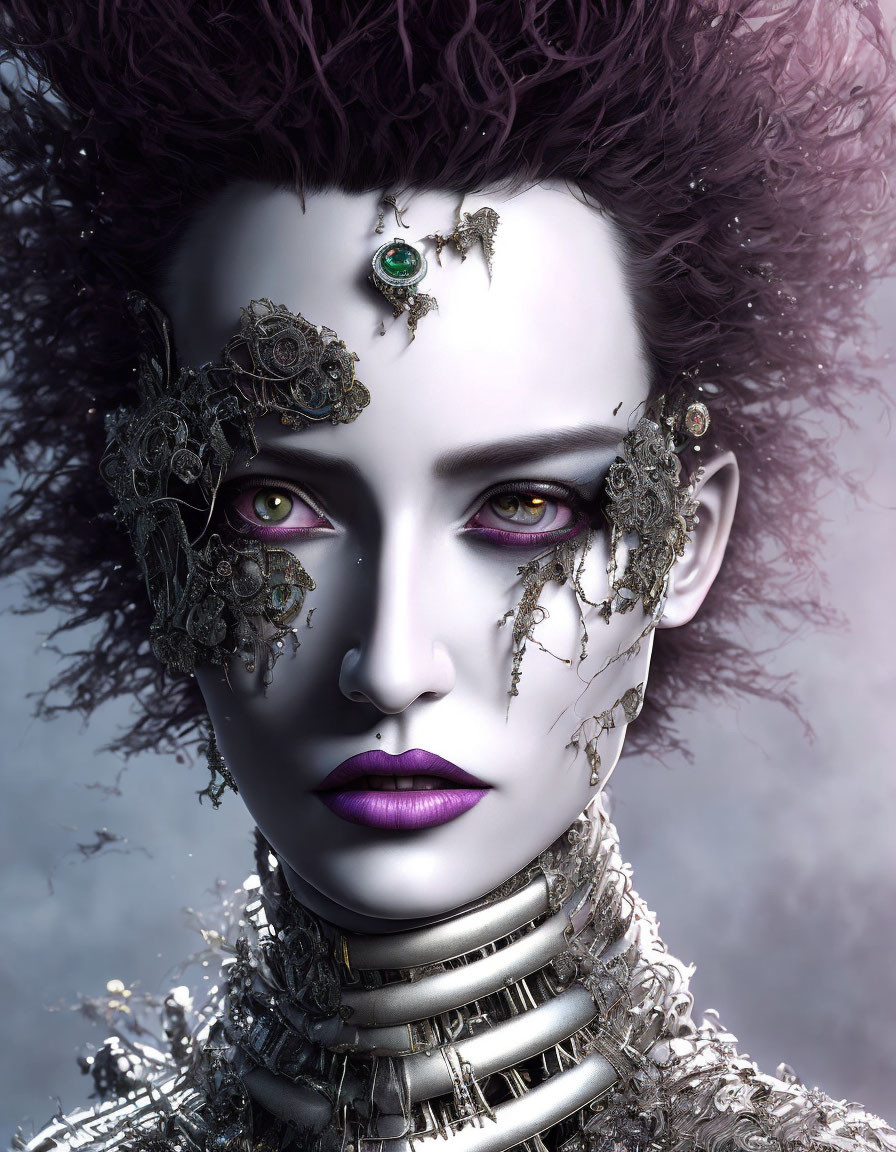 Portrait of a person with purple hair and metallic adornments