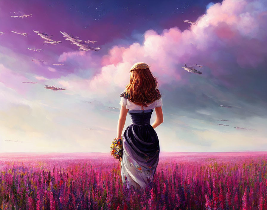 Woman in hat and dress in purple flower field under vibrant sunset sky