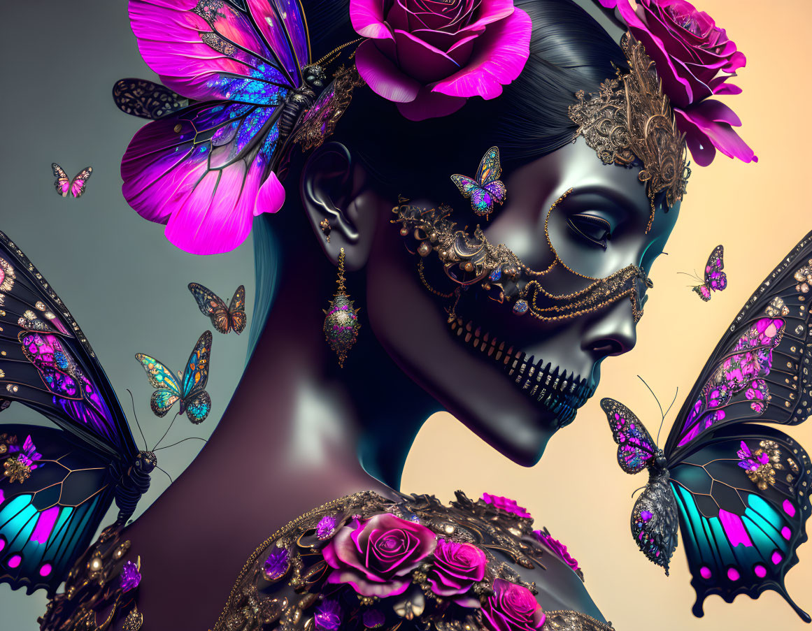 Metallic-skinned female figure in floral mask with butterflies.