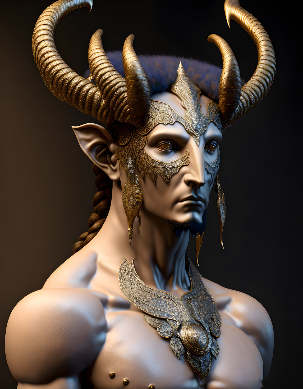 Humanoid with Ram Horns and Golden Adornments on Dark Background