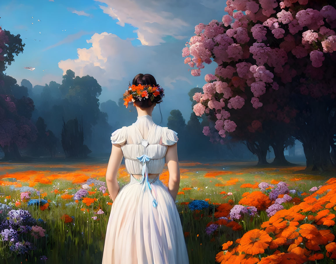 Woman in white dress with floral wreath in vibrant field of orange flowers and pink-bloomed trees