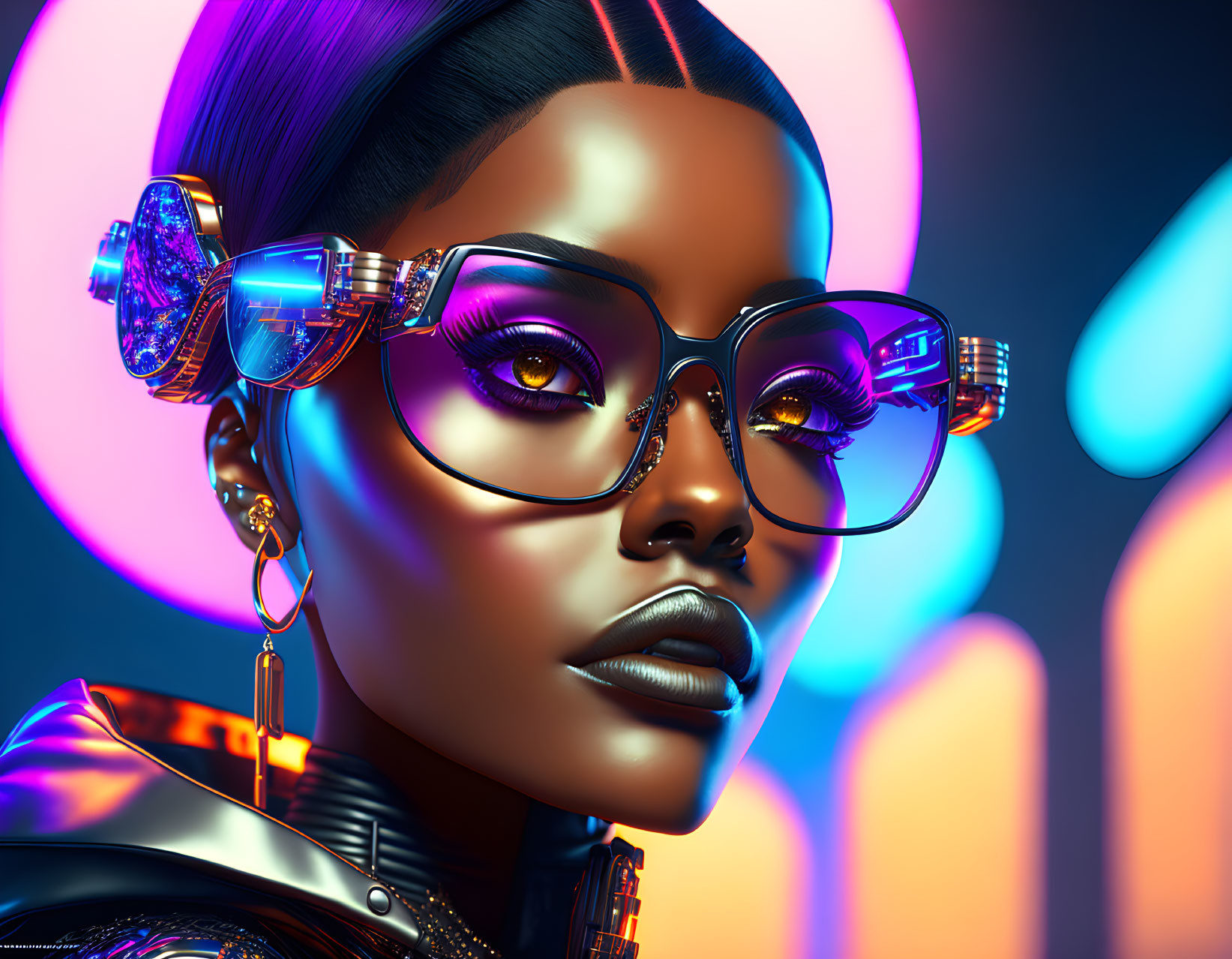 Vibrant digital artwork: woman with futuristic glasses in neon-lit setting