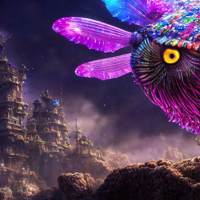 Colorful iridescent winged creature over cliffside city at night