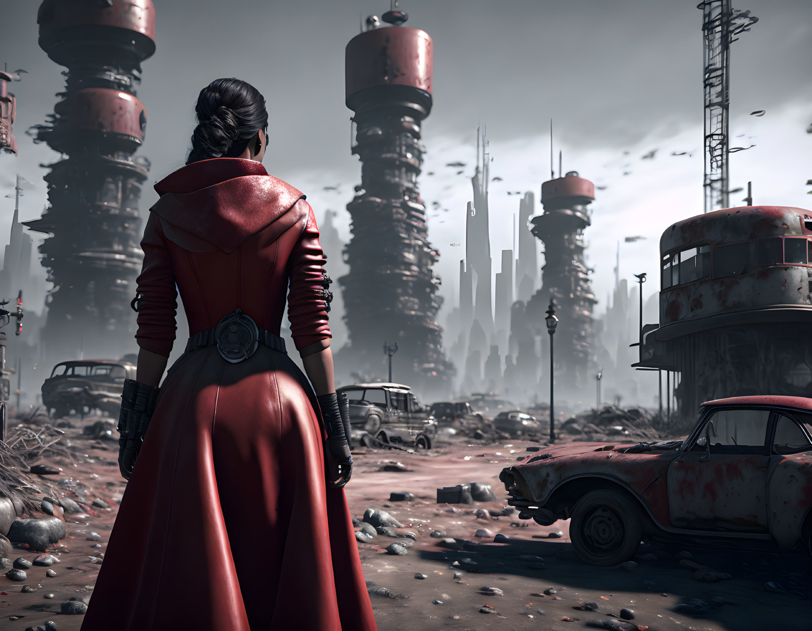 Woman in Red Jacket in Futuristic Cityscape with Derelict Vehicles and Tall Structures