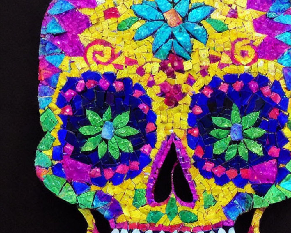 Vibrant Day of the Dead skull mosaic in purple, blue, and green on black background