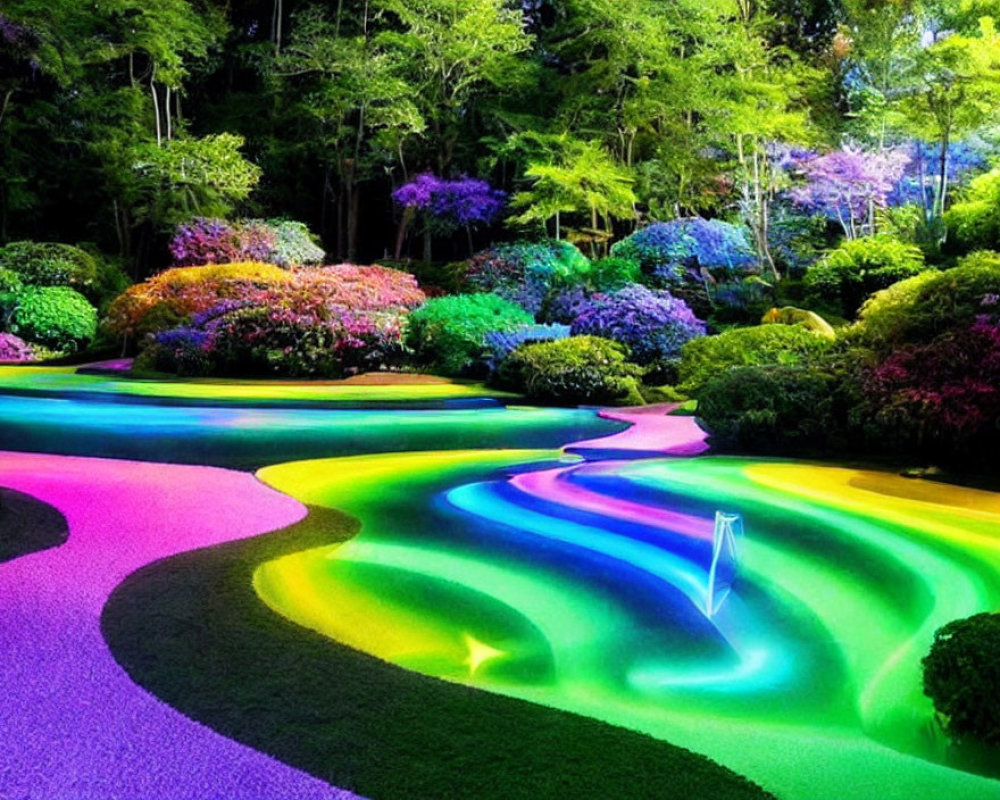 Nighttime Garden Path Illuminated by Multicolored Lights