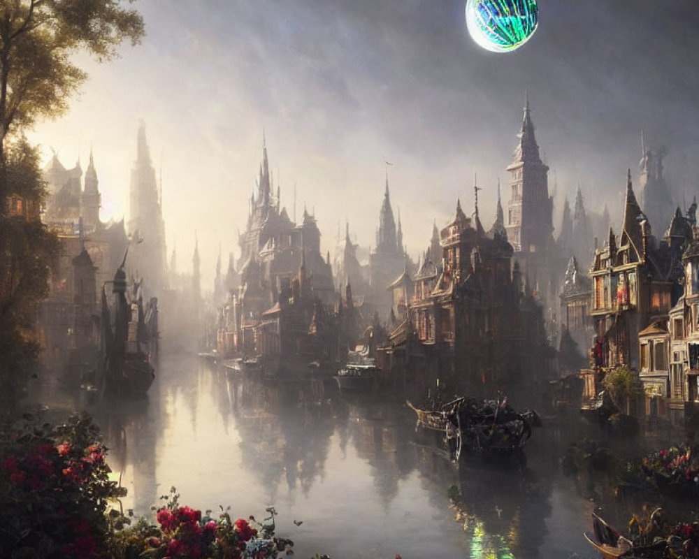 Fantasy cityscape at dusk: illuminated buildings, misty river, boats, vibrant flowers, glowing