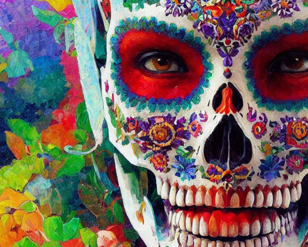 Skull with Dia de los Muertos face paint and floral patterns on vibrant background