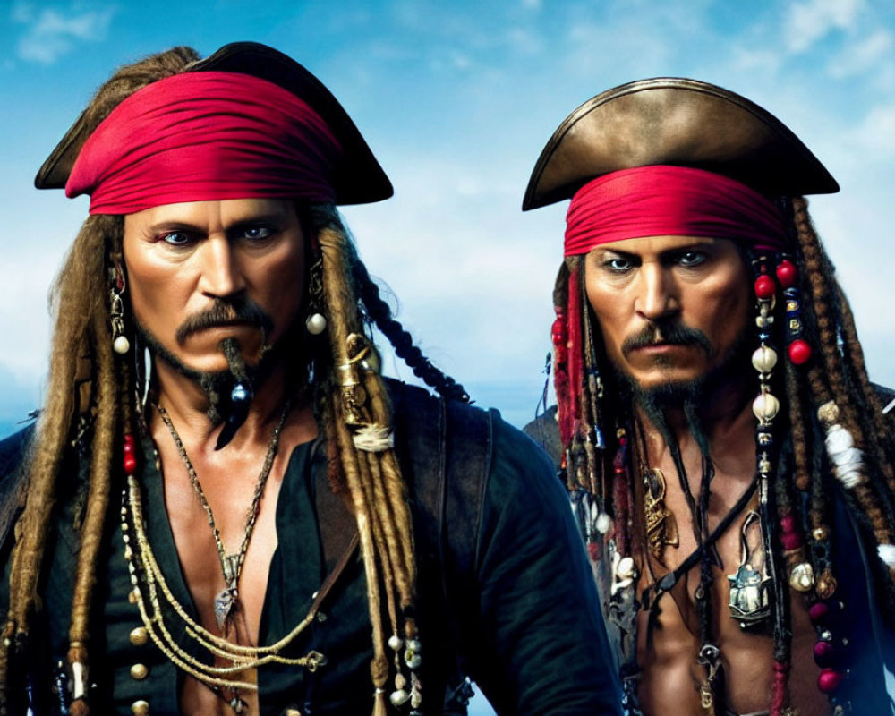 Identical pirate characters with red bandanas and dreadlocks in the sky