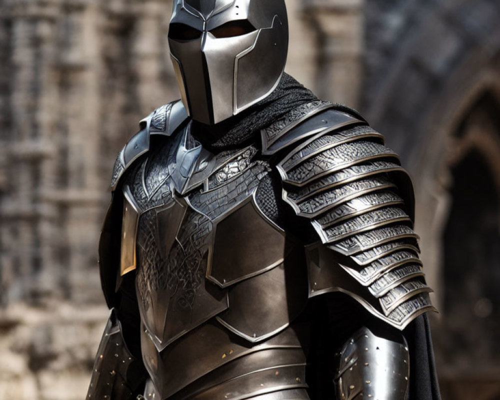 Medieval-style black armored suit with full helmet and gauntlets by stone building