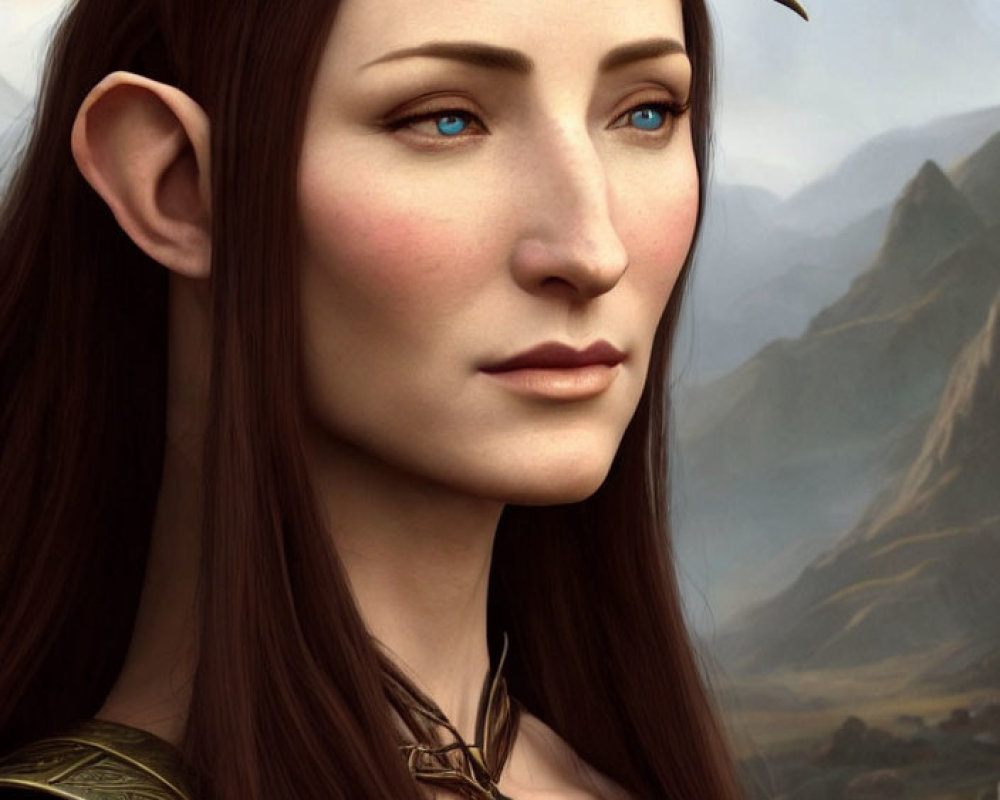 Elven woman portrait with blue eyes and crown, set against mountain backdrop