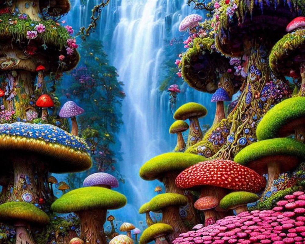 Fantastical Landscape with Oversized Mushrooms and Waterfall