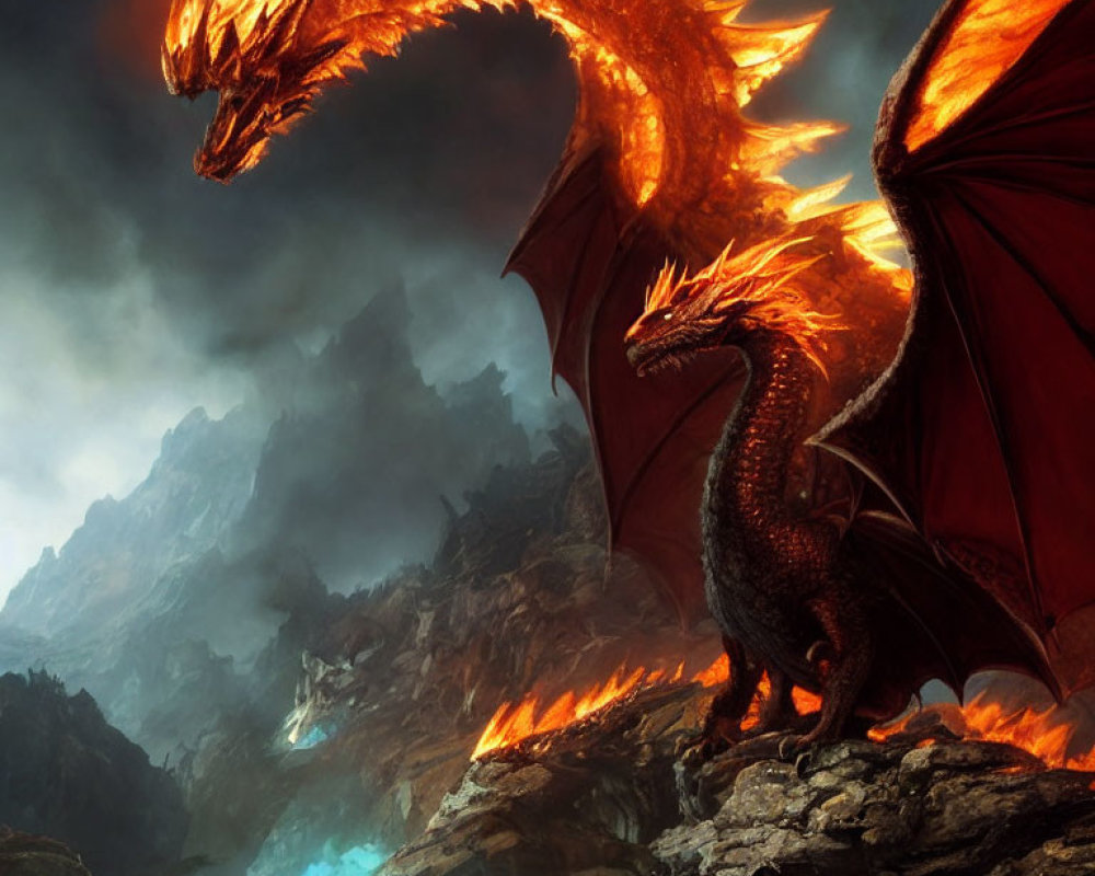 Fiery orange dragon faces small blue creature on rocky terrain