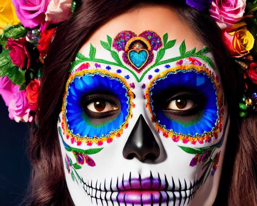 Vibrant Dia de los Muertos makeup with skull design and flower crown