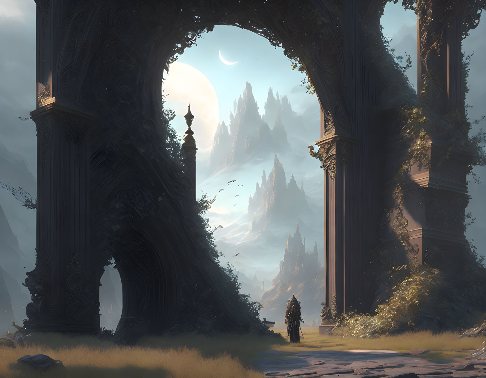 Person under ornate arch views fantastical landscape with spires and crescent moon.