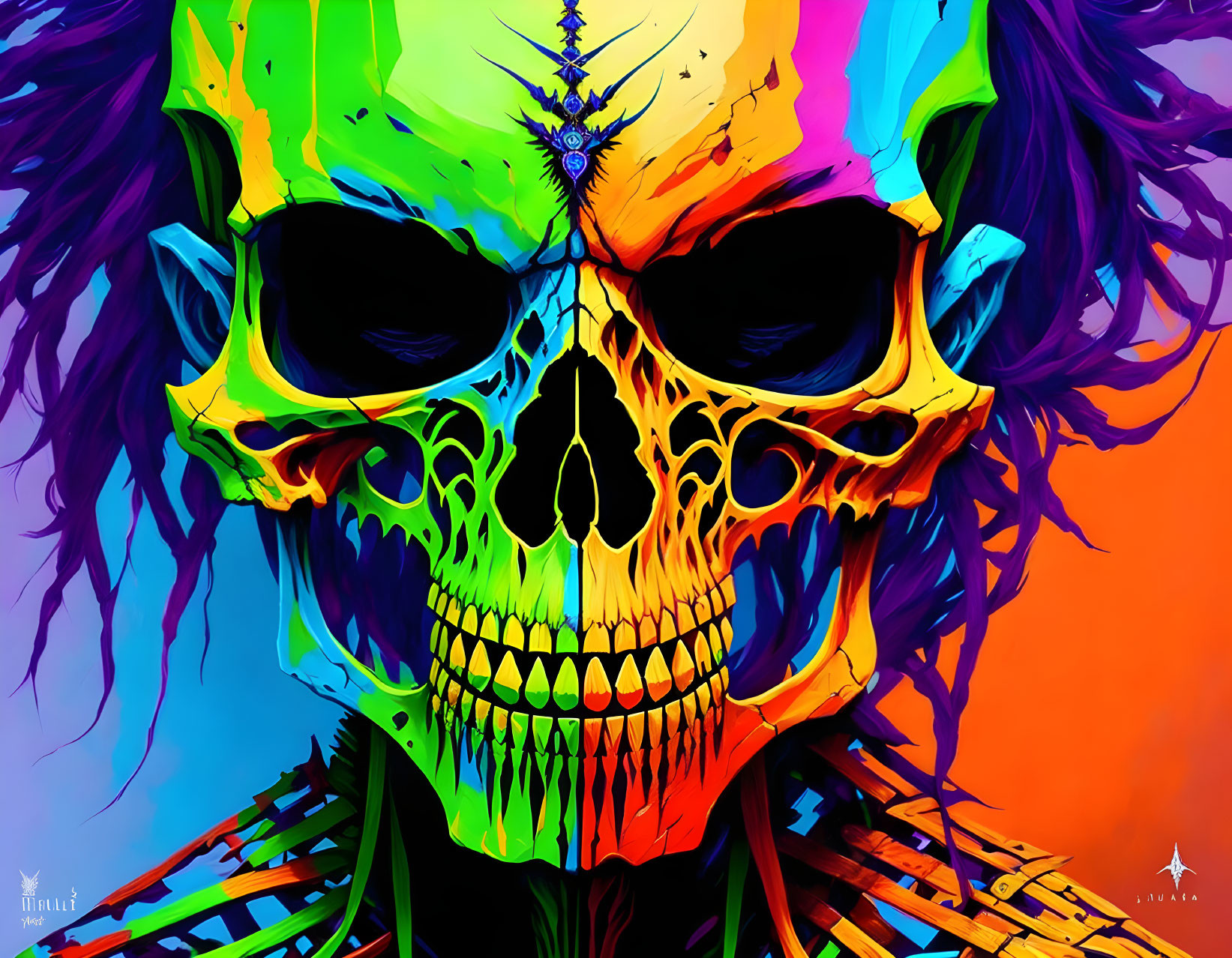 Vibrant skull digital art with abstract designs and third eye