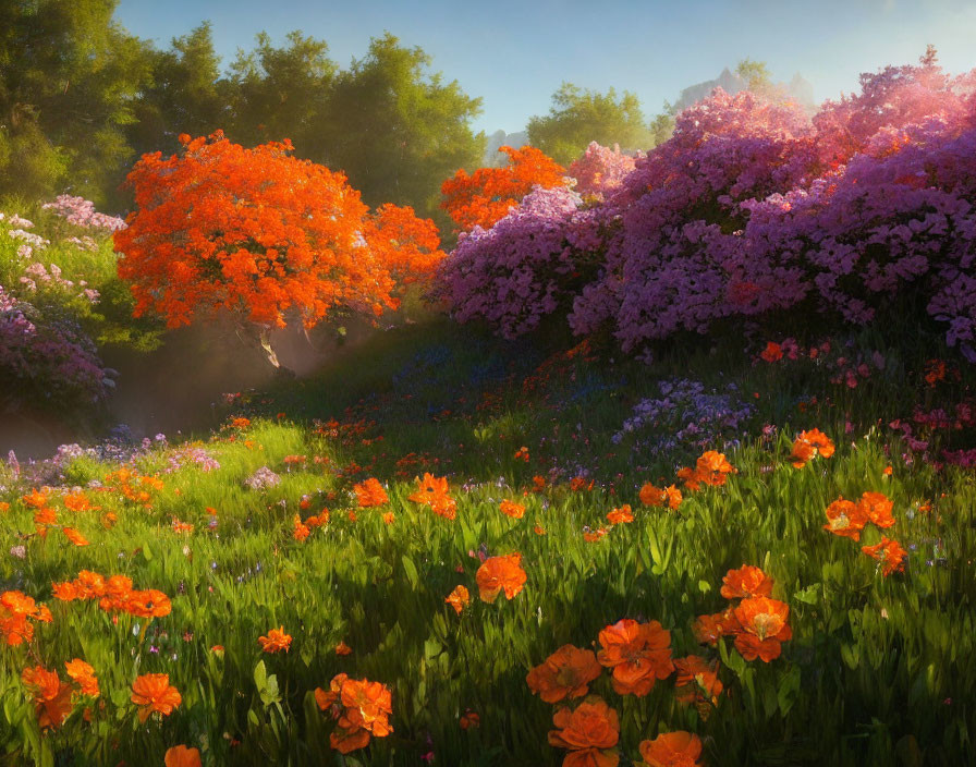 Orange and Purple Flower Garden in Sunlight with Lush Trees