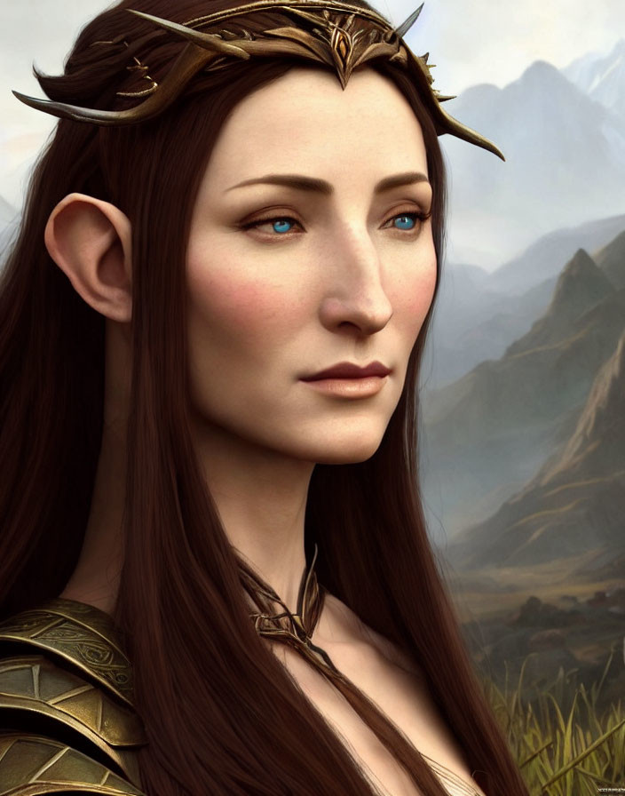 Elven woman portrait with blue eyes and crown, set against mountain backdrop