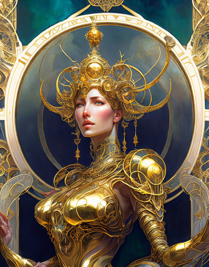 Regal figure in golden armor with crown on decorative blue backdrop