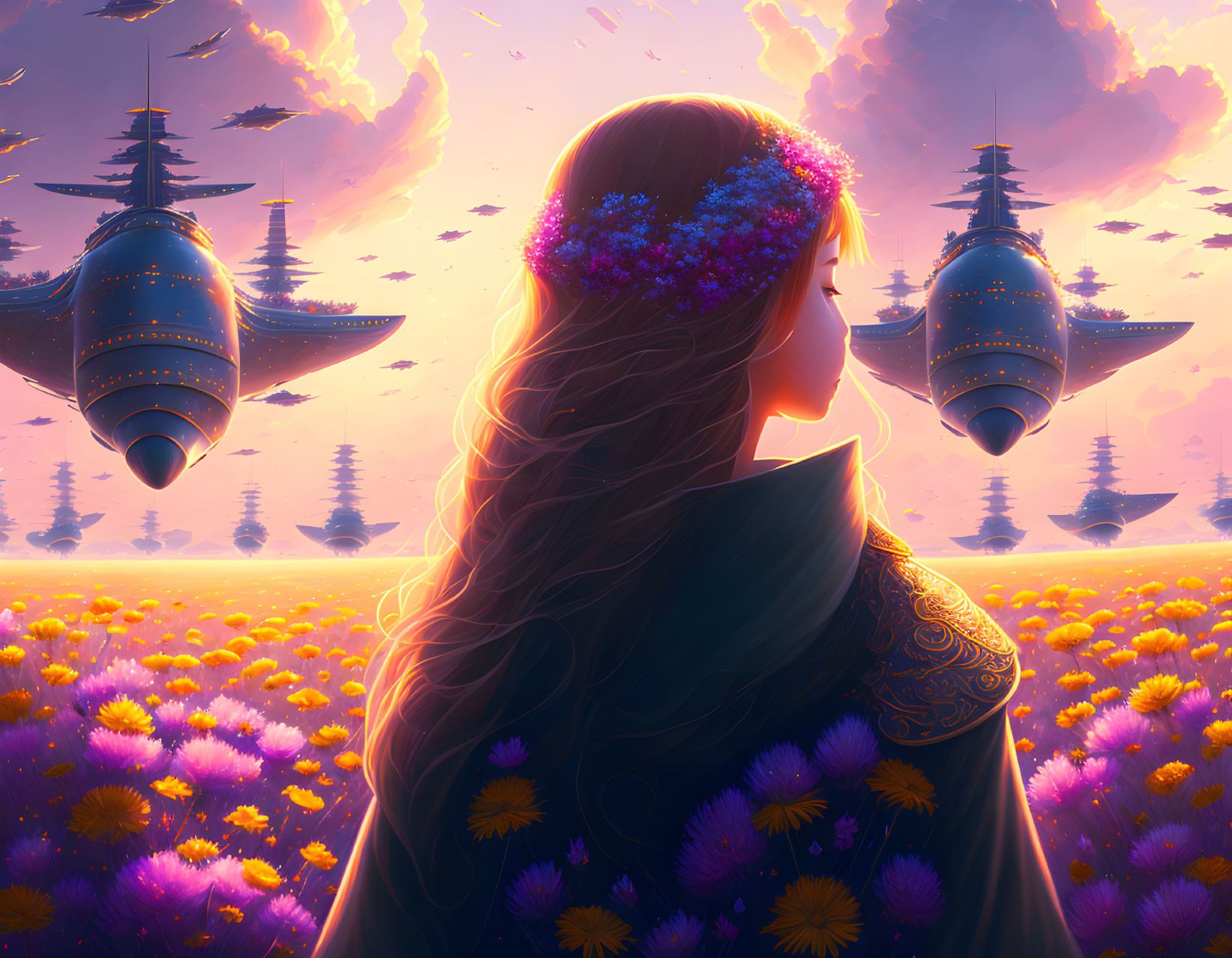 Woman with flower crown admiring sunset sky with ships and purple flowers