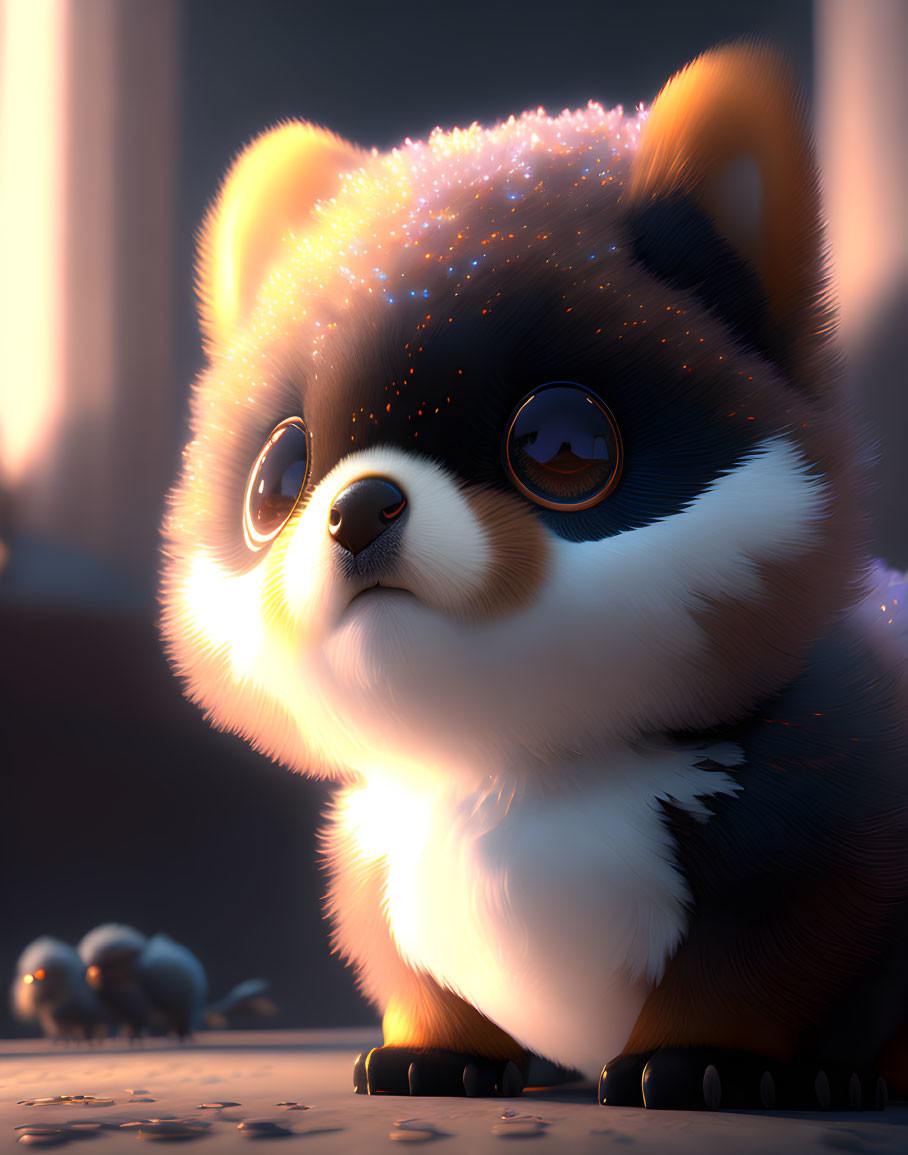 Fluffy animated corgi puppy with sparkling fur and glossy eyes in warm light