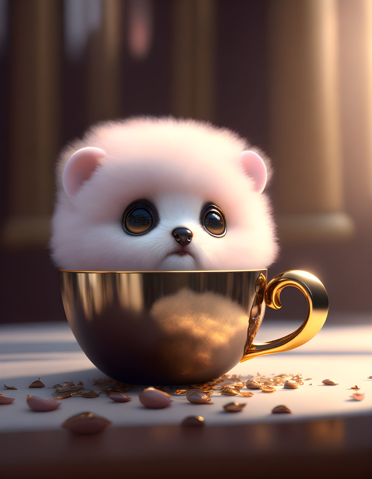 Cartoonish White Puppy in Golden Teacup with Seeds on Wooden Surface