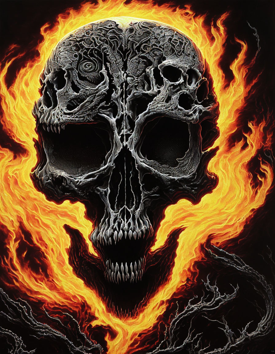 Detailed Skull Art Surrounded by Vivid Flames