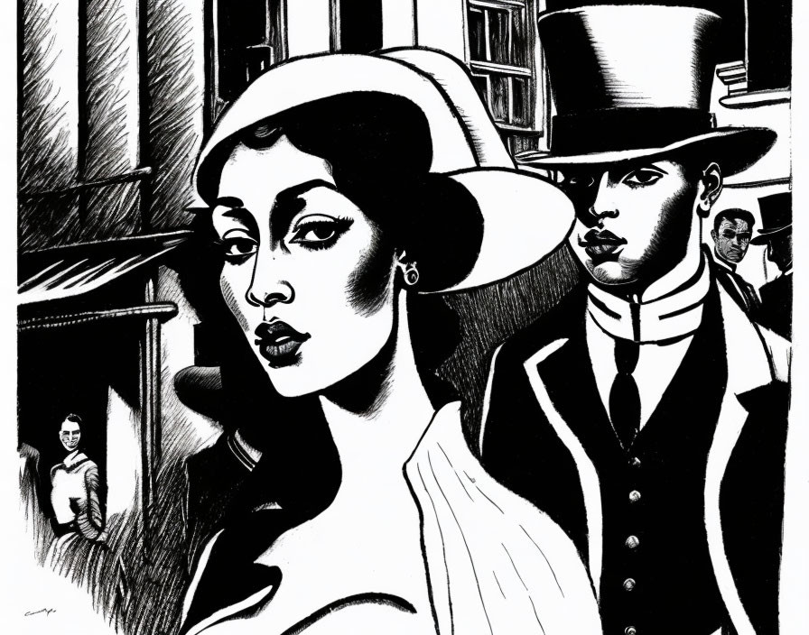 Monochrome illustration of stylish couple in hats with street backdrop