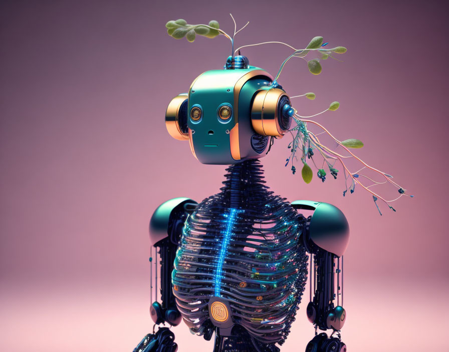 Turquoise-headed robot adorned with botanical elements on transparent ribcage.