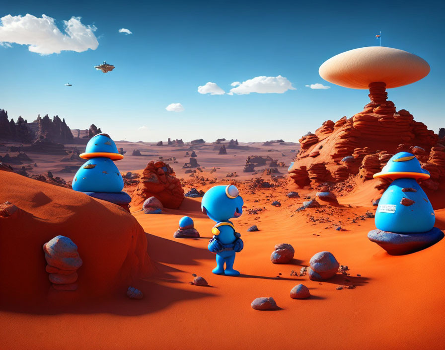 Blue alien characters exploring desert landscape with oversized mushroom and flying saucers