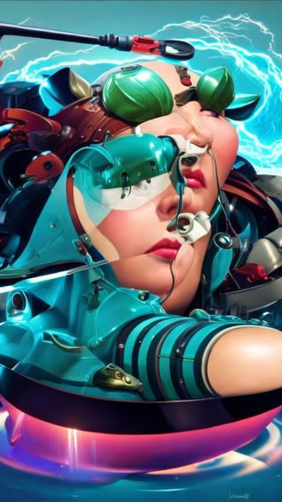 Cybernetic-enhanced female figure with goggles in futuristic setting.