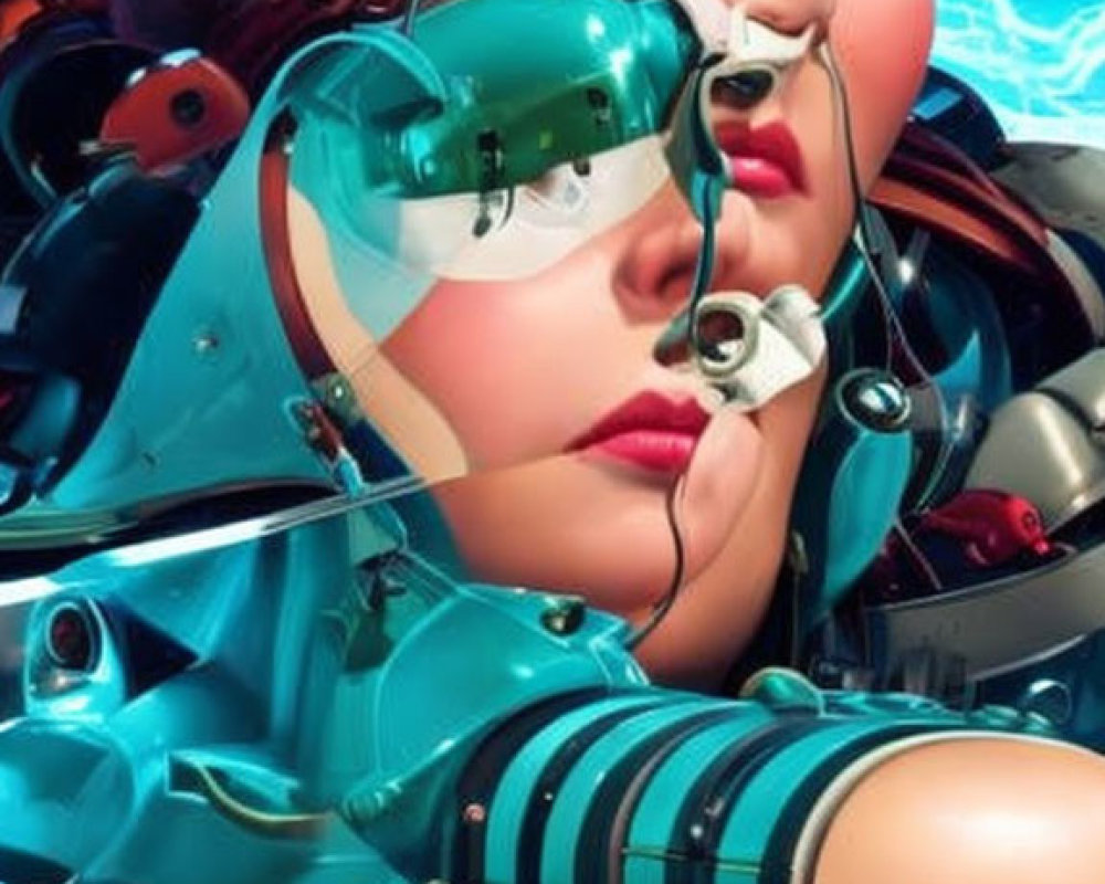 Cybernetic-enhanced female figure with goggles in futuristic setting.