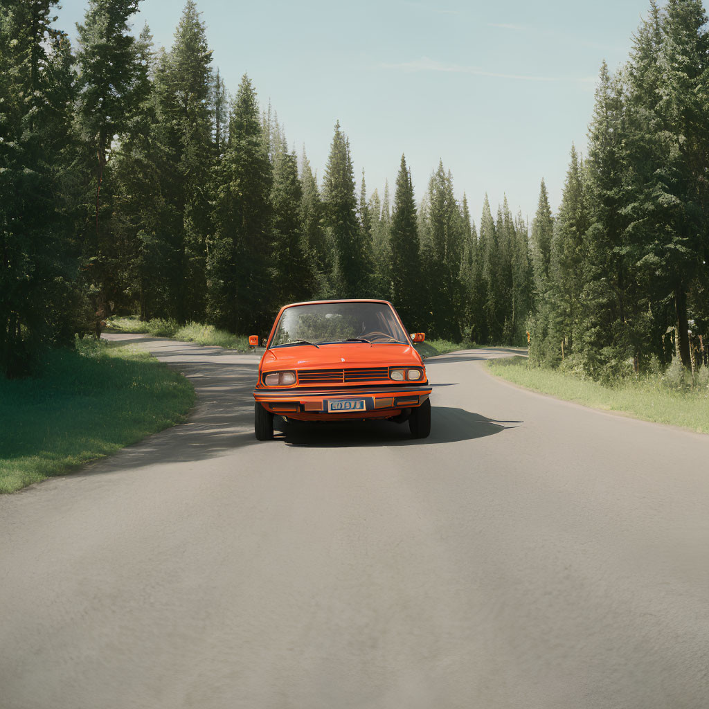 Vintage Red Car Parked on Forest Road Amid Tall Green Trees