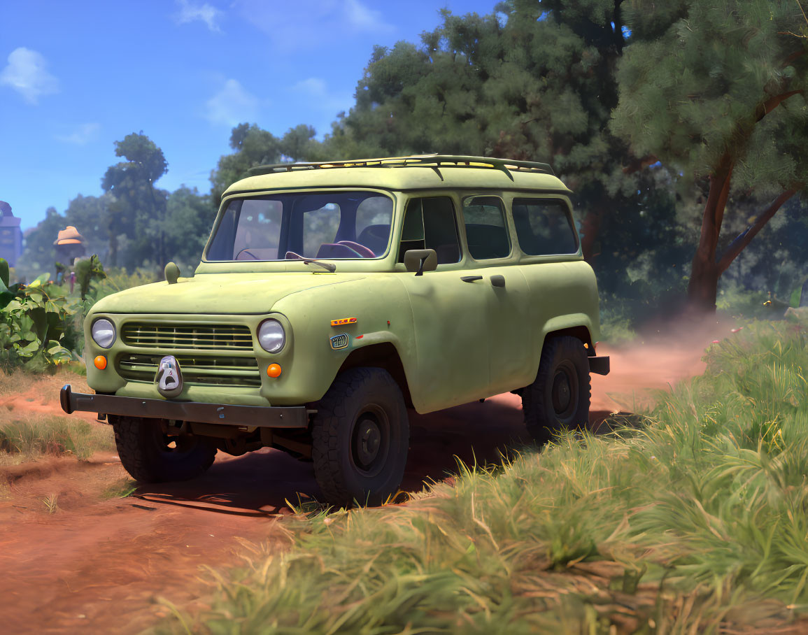 Vintage Green Off-Road Vehicle Driving on Dusty Trail Amid Lush Greenery