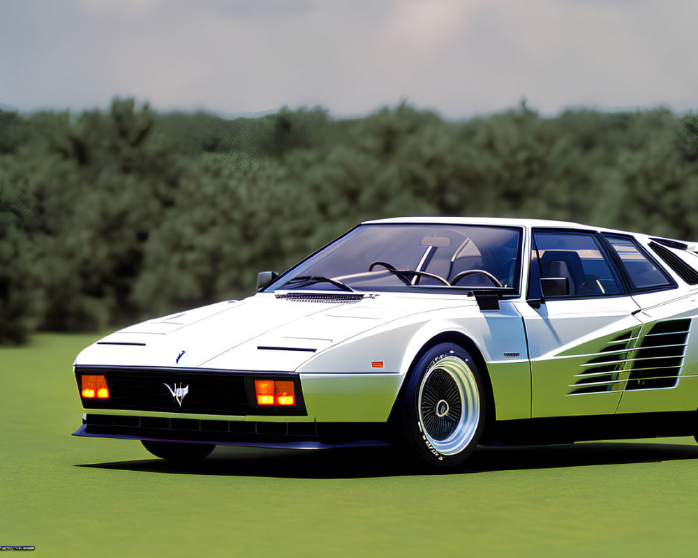 White Classic Sports Car with Wedge Design and Pop-Up Headlights in Field