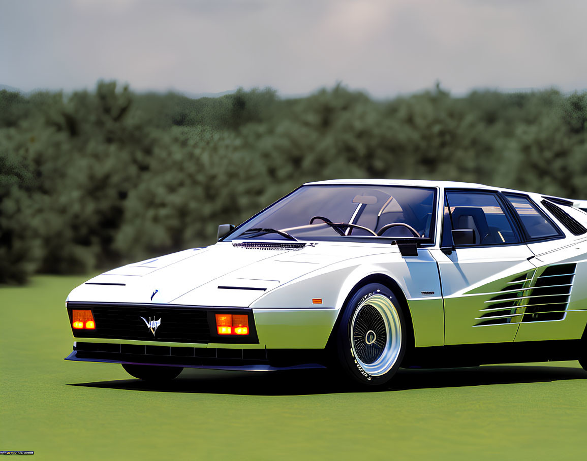 White Classic Sports Car with Wedge Design and Pop-Up Headlights in Field