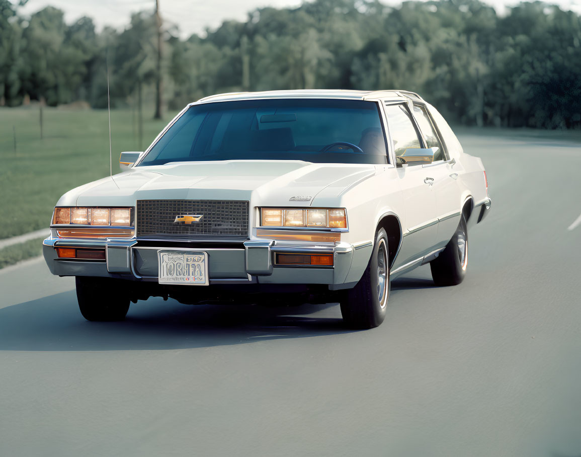 Classic White Vintage Chevrolet Sedan with Chrome Bumpers & Grille