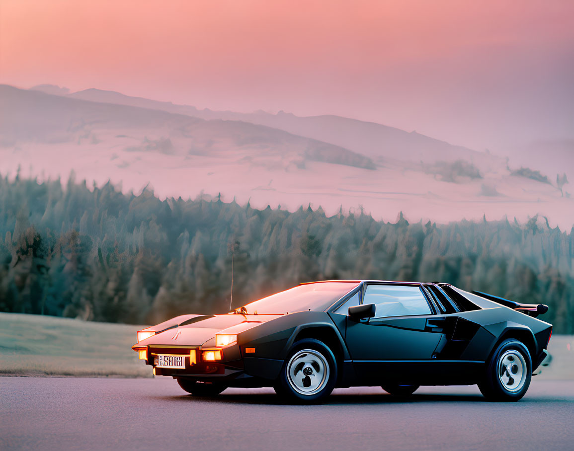 Black Sports Car with Headlights Parked in Misty Hills at Dawn or Dusk