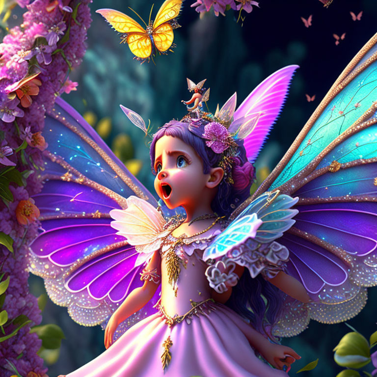 Colorful Fairy with Iridescent Wings Surrounded by Butterflies