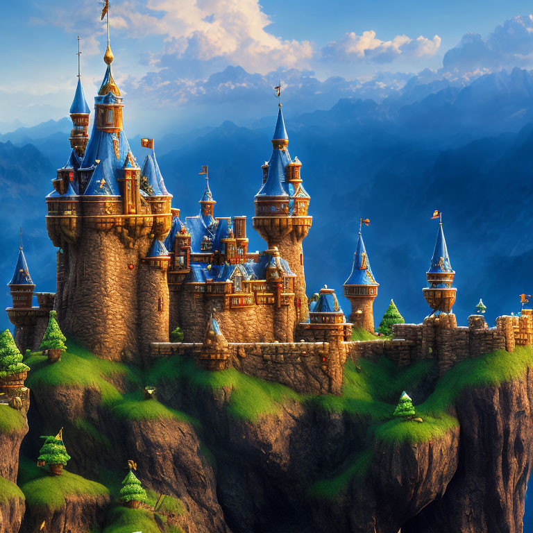 Majestic fairytale castle on rugged cliff with mountain view