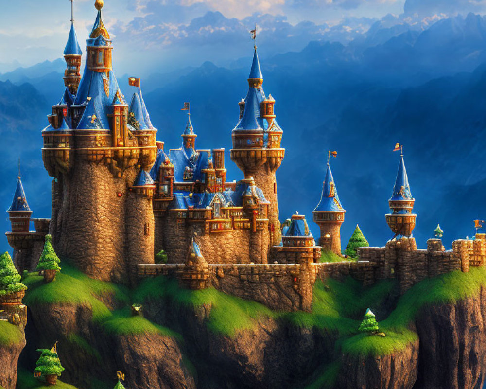 Majestic fairytale castle on rugged cliff with mountain view