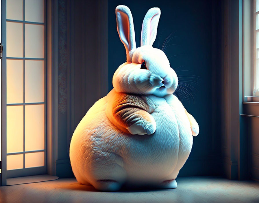 Stylized white rabbit with red eyes indoors by window