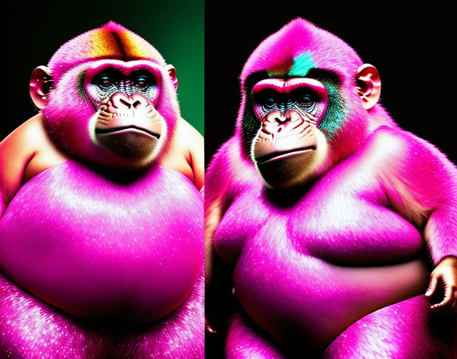 Stylized purple baboon with pink tones and neon highlights on dark background