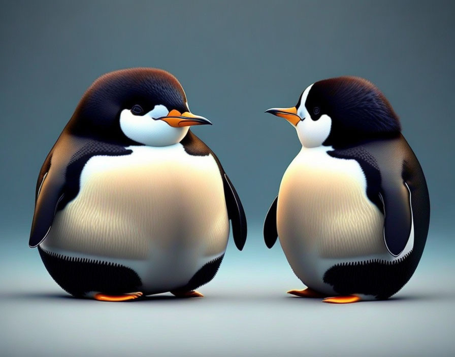 Stylized cartoon penguins face off on gray background