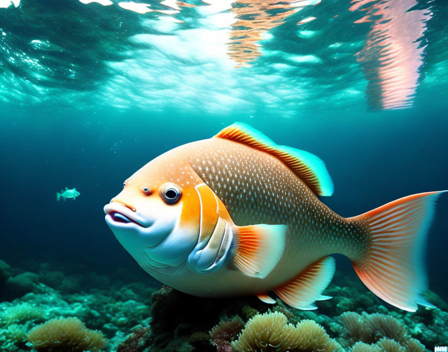 Colorful Orange Fish with White Stripes Swimming in Clear Blue Water